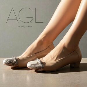 AGL French Girl Tan/Nude Snakeskin Cap Toe Block heel Balletcore Pumps